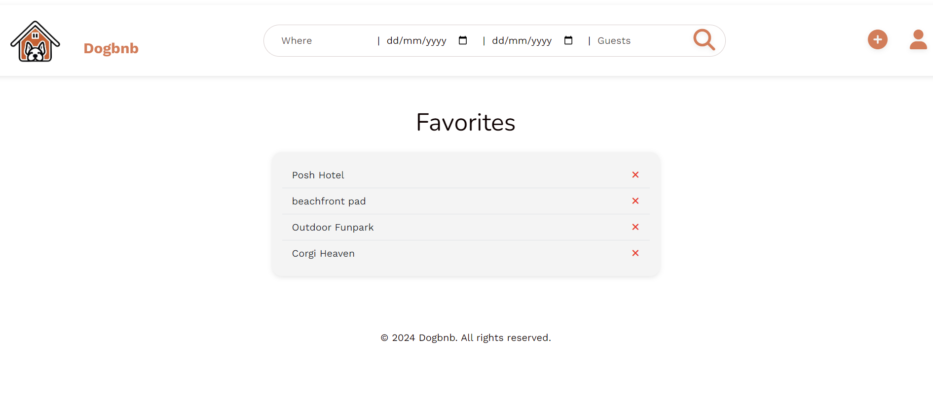 Screenshot of dogbnb view all your favorites