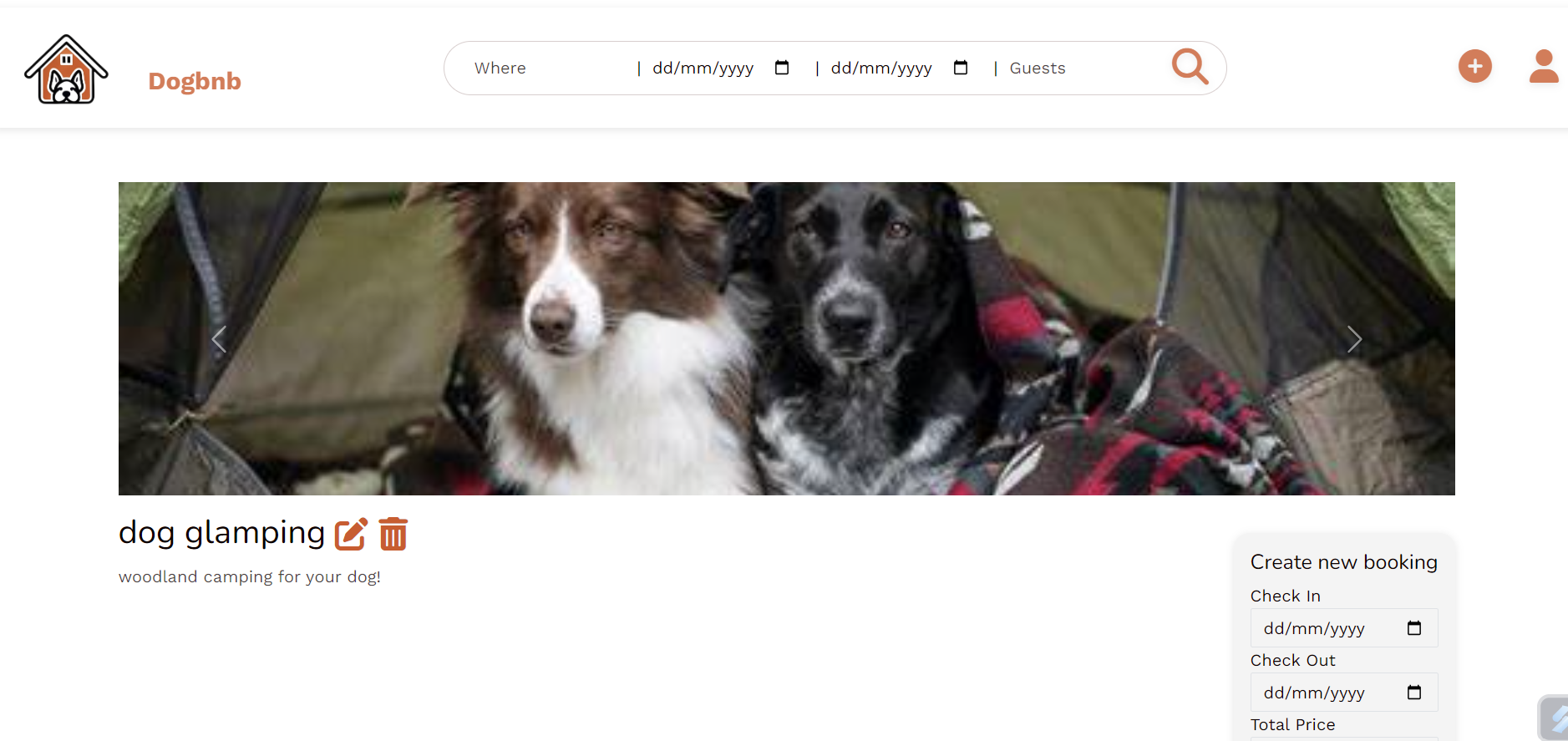 Screenshot of dogbnb listing show page