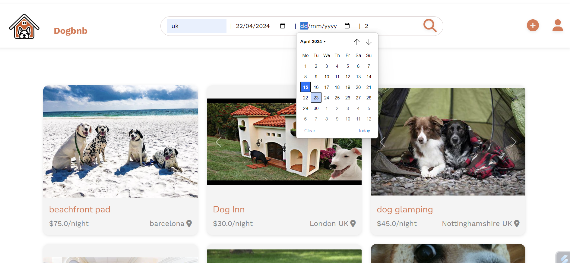 Screenshot of dogbnb search bar