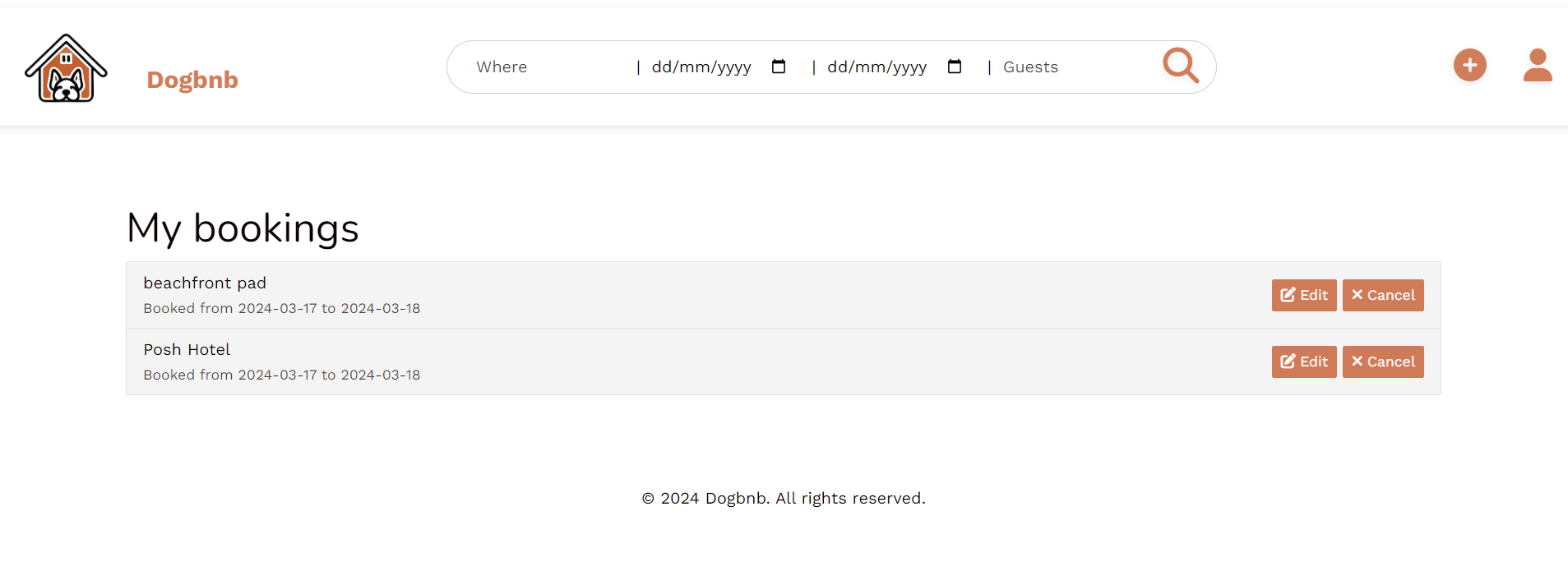 Screenshot of dogbnb view all your bookings