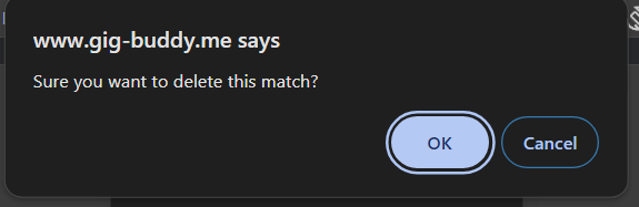 Screenshot of GigBuddy confirm to remove a match